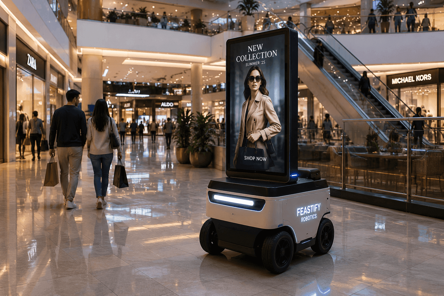 Shopping mall interior with retail storefronts